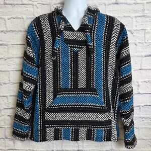 Earth Ragz Baja Joe Mexican Hoodie Size Large Blue Gray Black Stripe